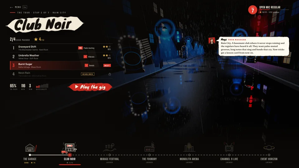 The Tour map in Melodic: seven venues along a road, with Club Noir selected