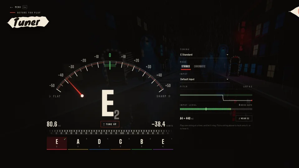 Melodic’s guitar tuner showing the low E string 38 cents flat